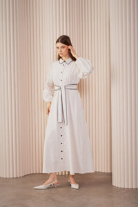 Linen dress with buttons and ribbon